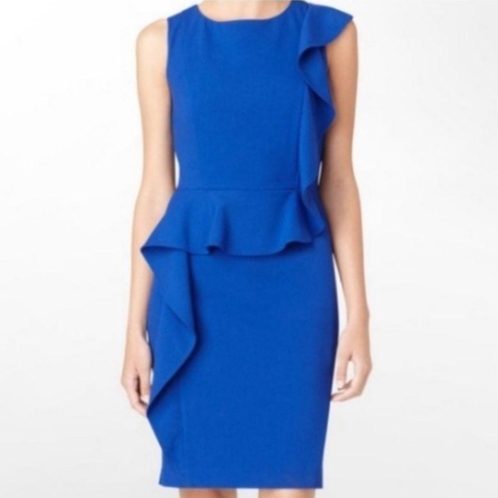 Calvin Klein Pretty Blue Ruffle Peplum Sheath Dress